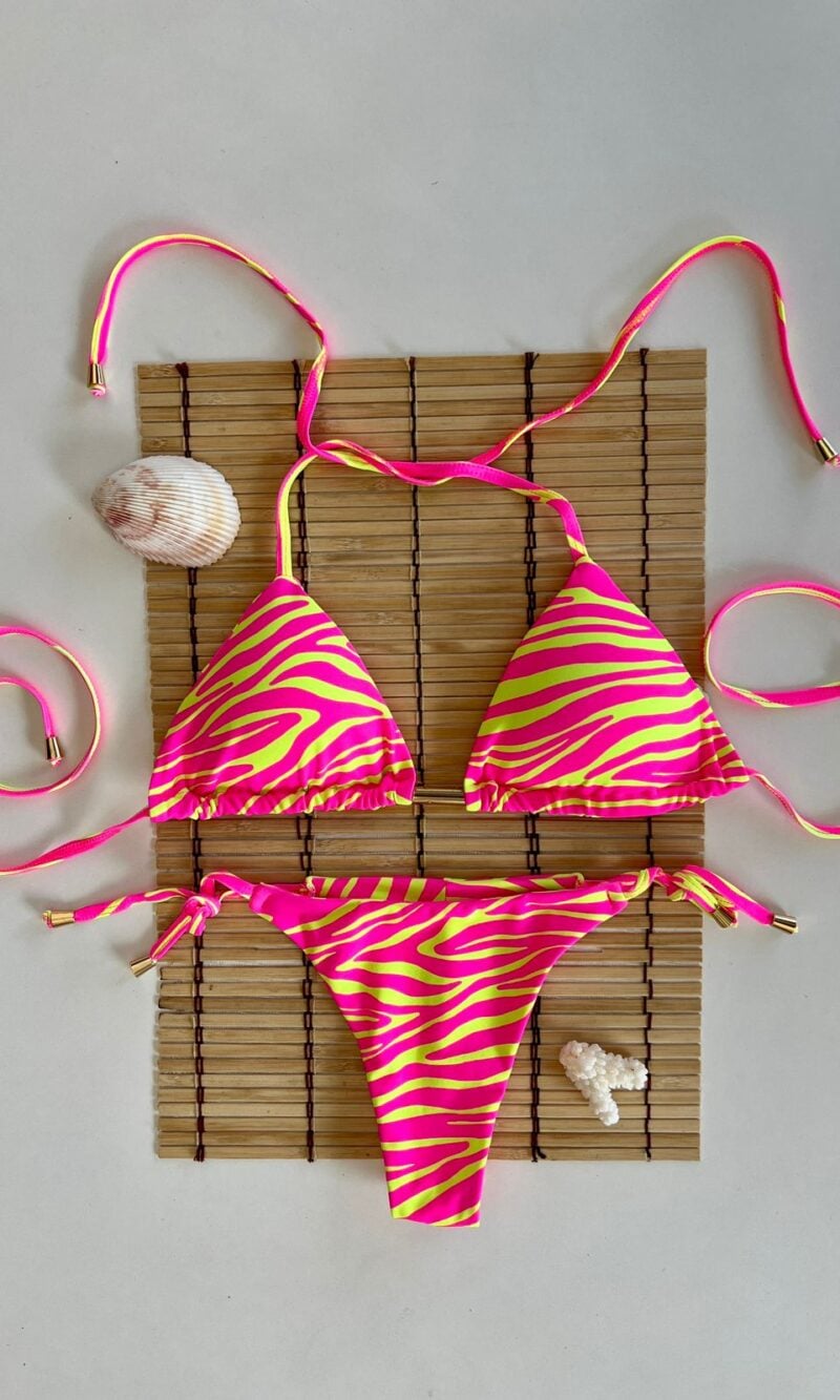 conjunto biquíni bojo calcinha de amarrar zebrado neon