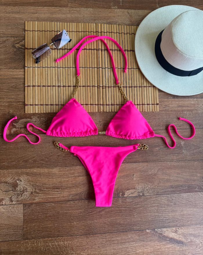 conjunto biquíni vick correntes cortininha rosa neon